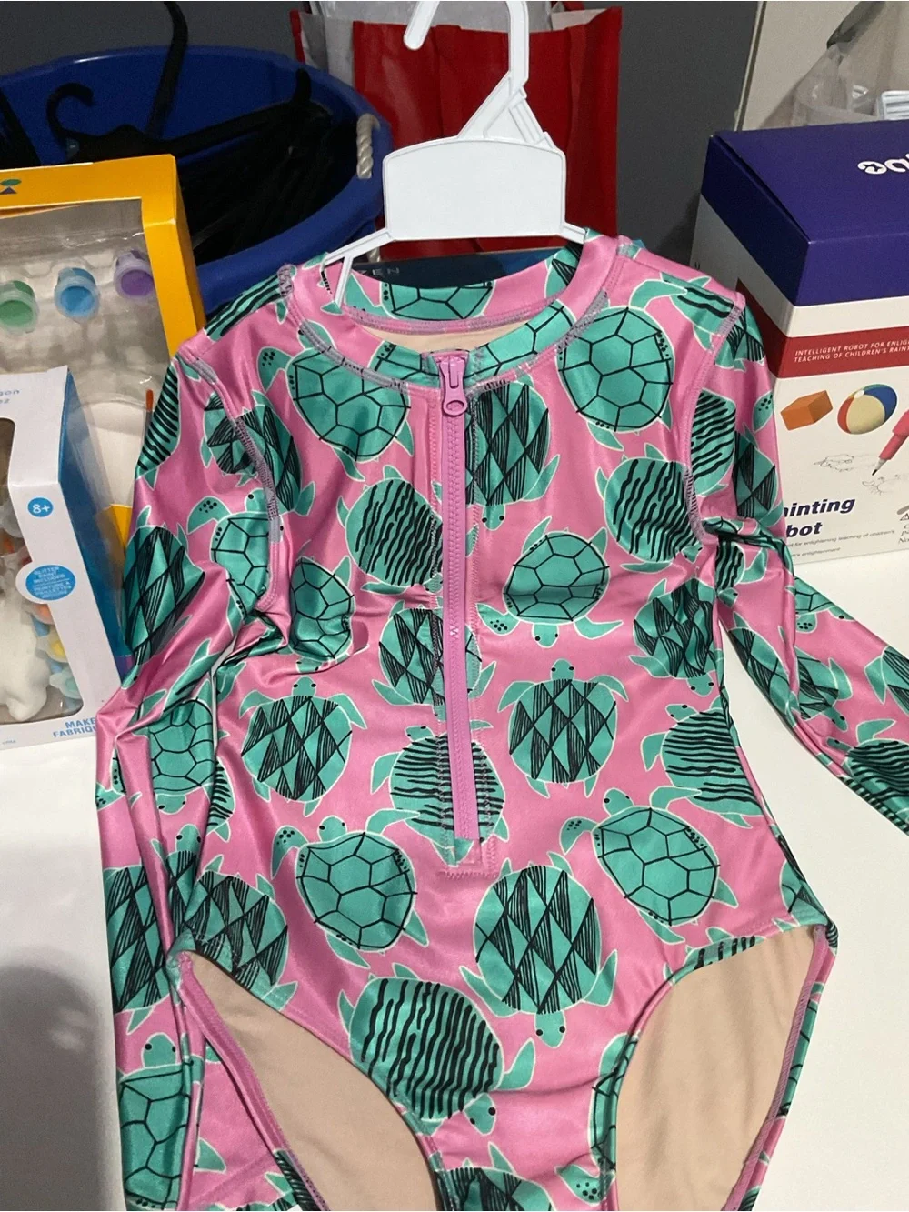 Kids Long Sleeve One-Piece Swimsuit - Pink Turtle Print Blue parrot swimsuit